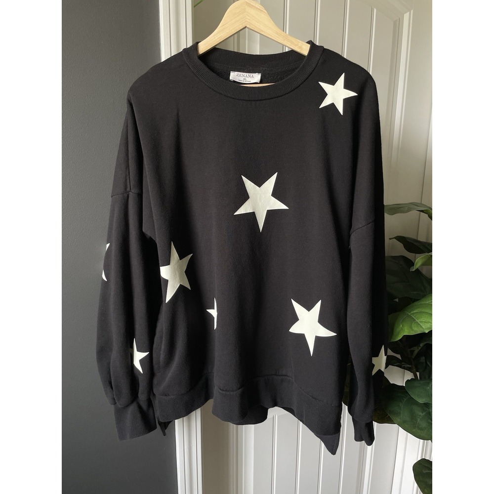 ZENANA XL Sweatshirt Black w/ White Star Print Fleece Pullover Crew Neck Pockets